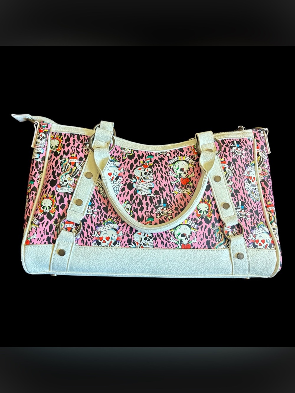 ED Hardy Pink Leopard Skull Tattoo Satchel Purse Zip Closure Detachable Strap